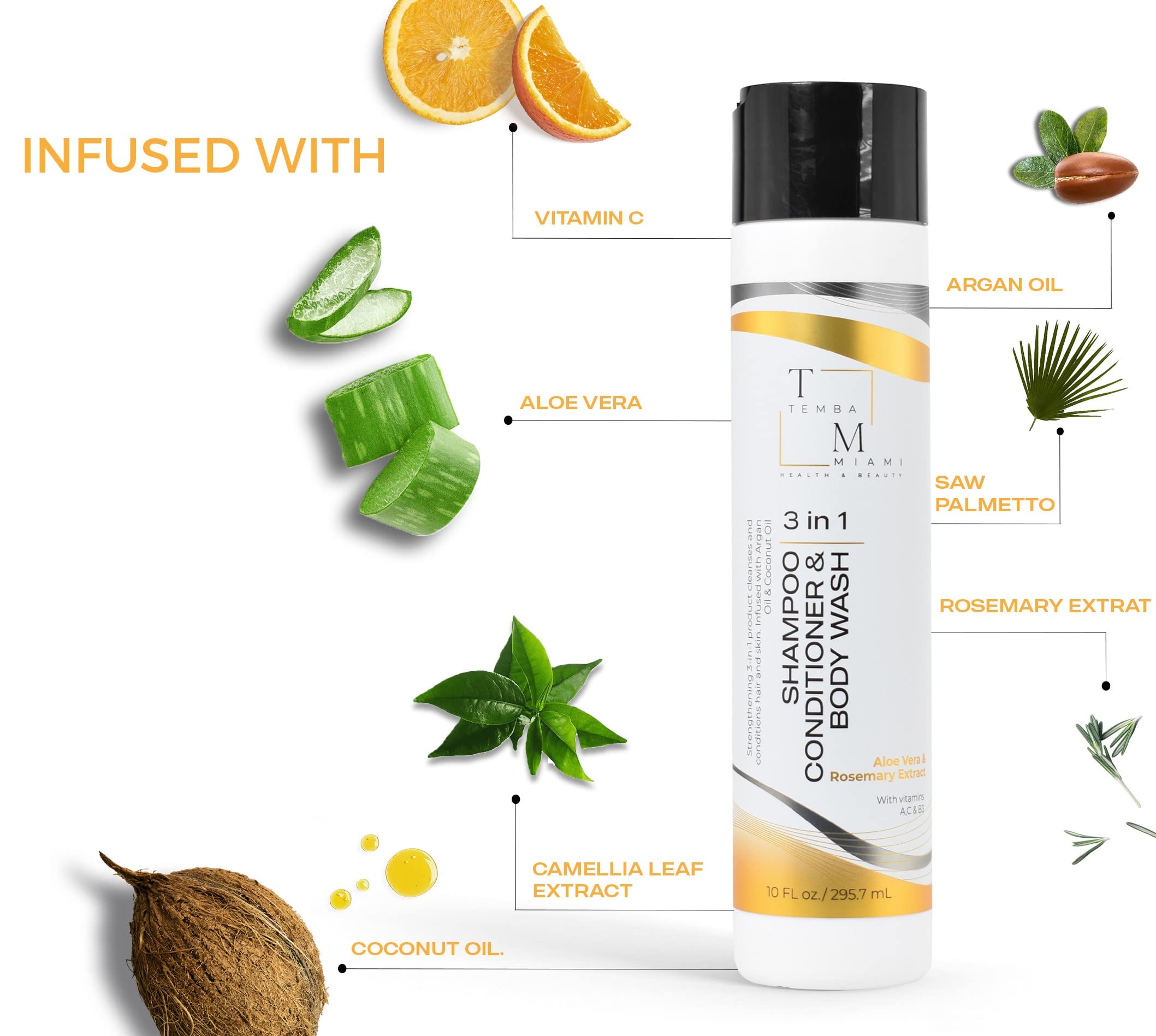 Temba Miami triple action hair and body wash with aloe vera and argan oil ingredients list.
