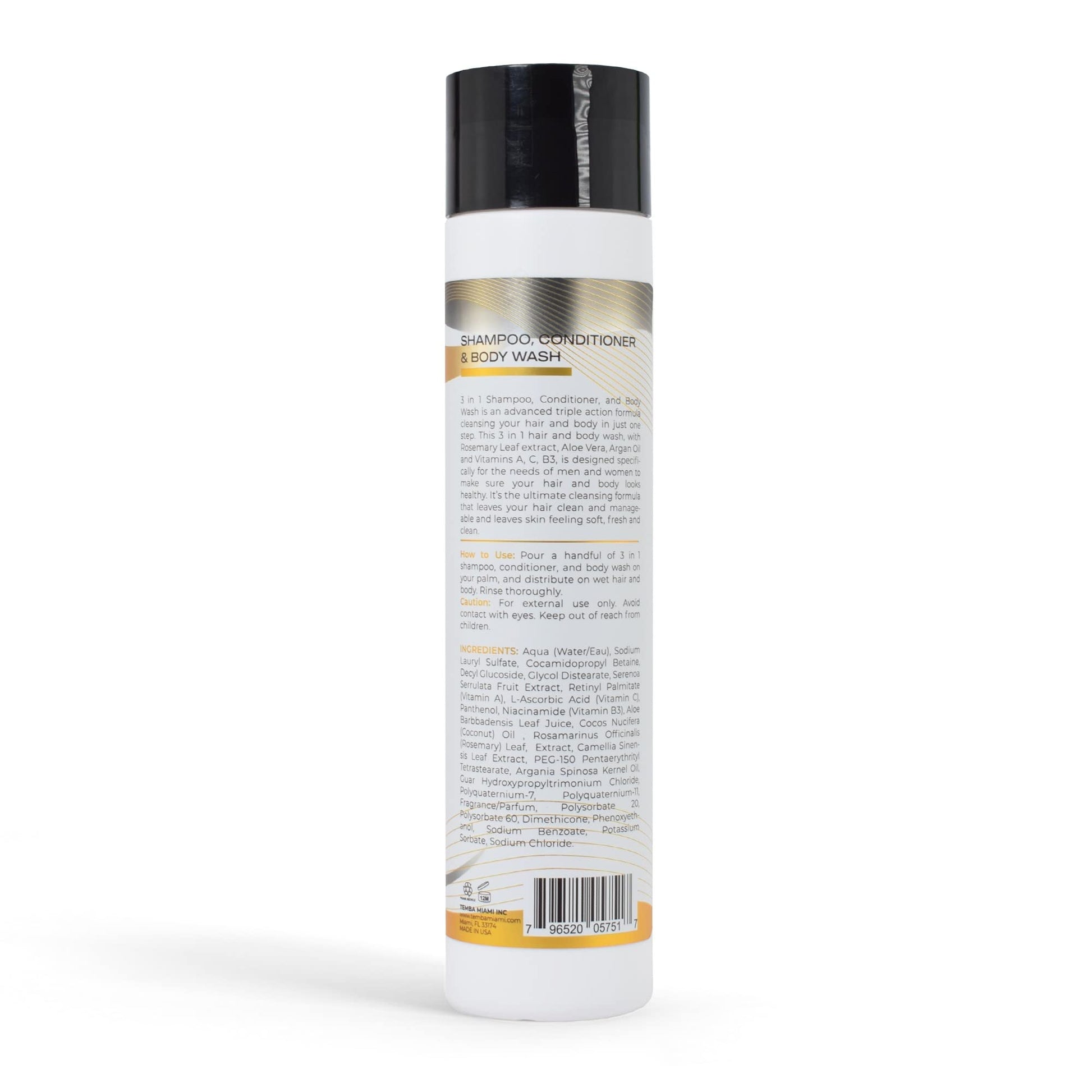 Temba Miami 3 in 1 moisturizing cleanser bottle for gym and travel convenience.
