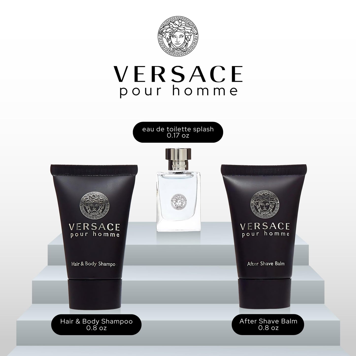 Versace Pour Homme miniature luxury collection unboxed displaying three grooming items neatly arranged