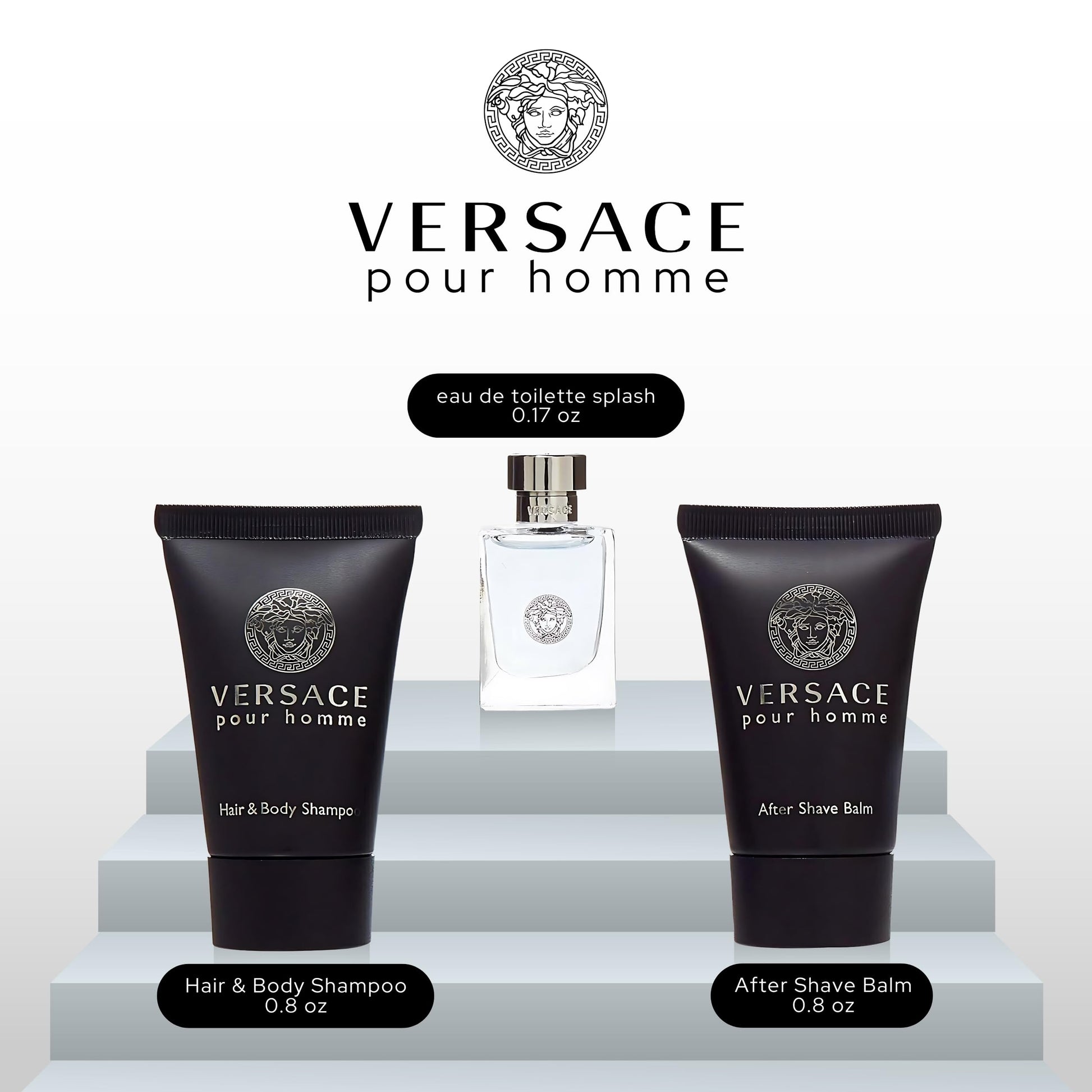 Versace Pour Homme miniature luxury collection unboxed displaying three grooming items neatly arranged
