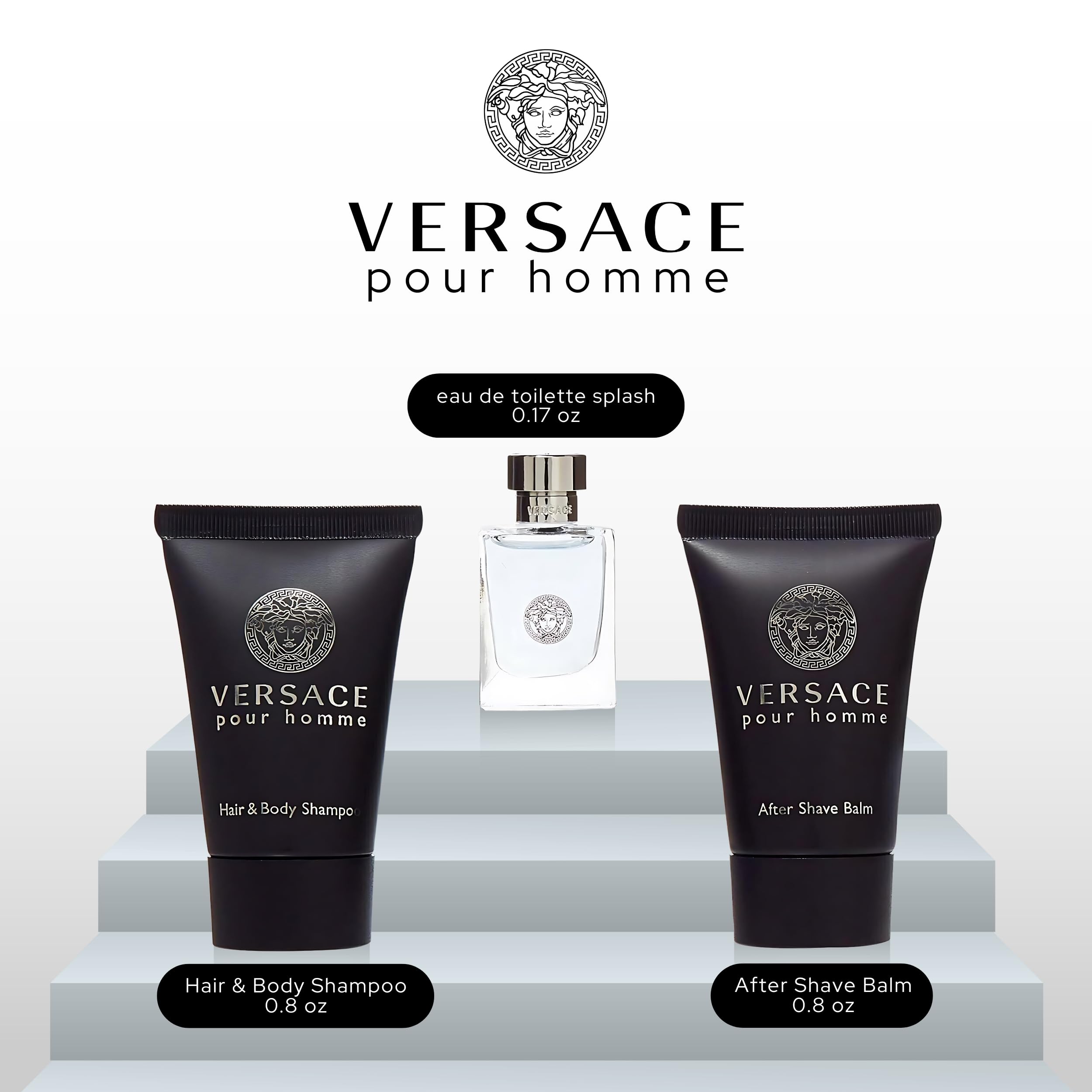 Versace Pour Homme miniature luxury collection unboxed displaying three grooming items neatly arranged