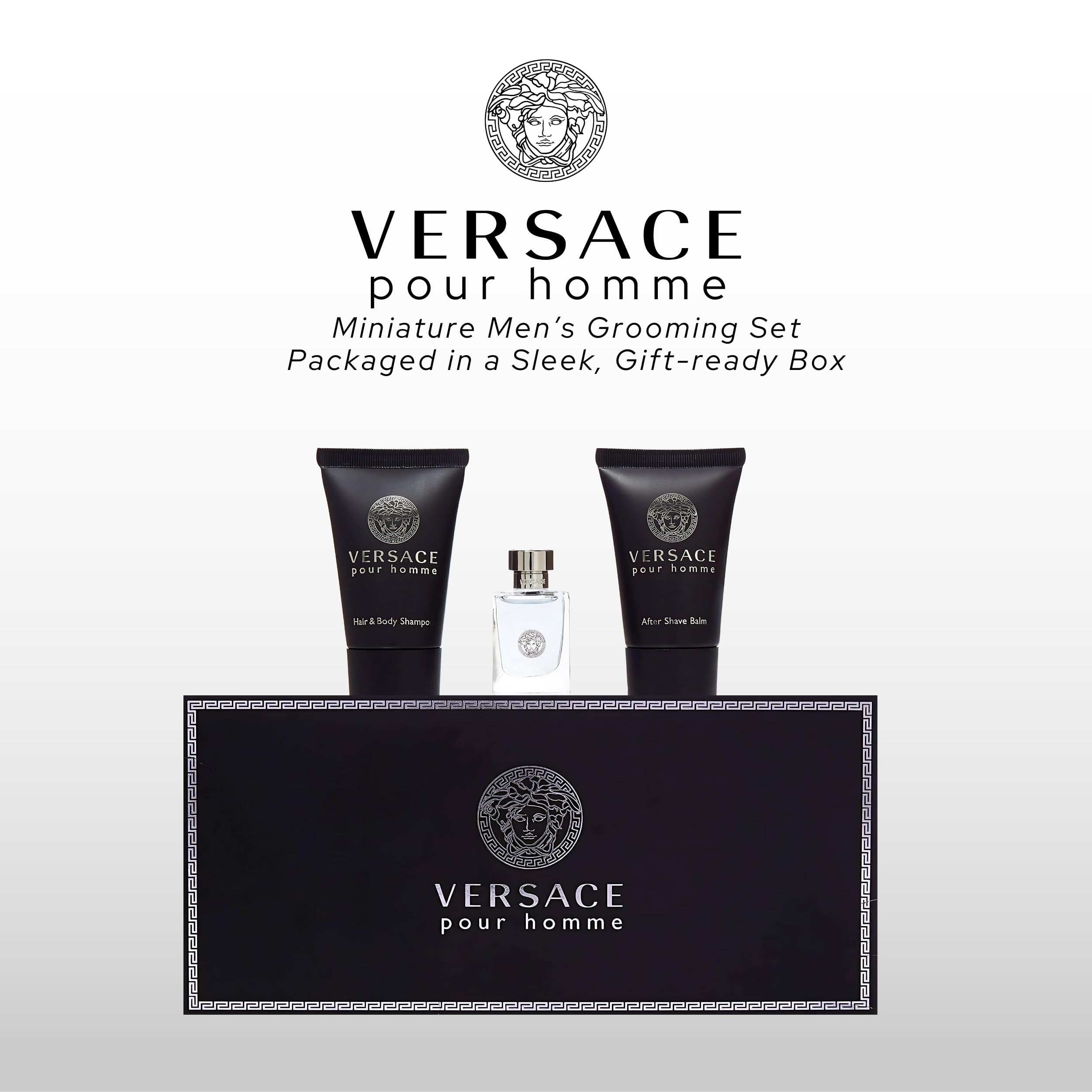 Front view of the 5ml miniature glass bottle of Versace Pour Homme Eau de Toilette