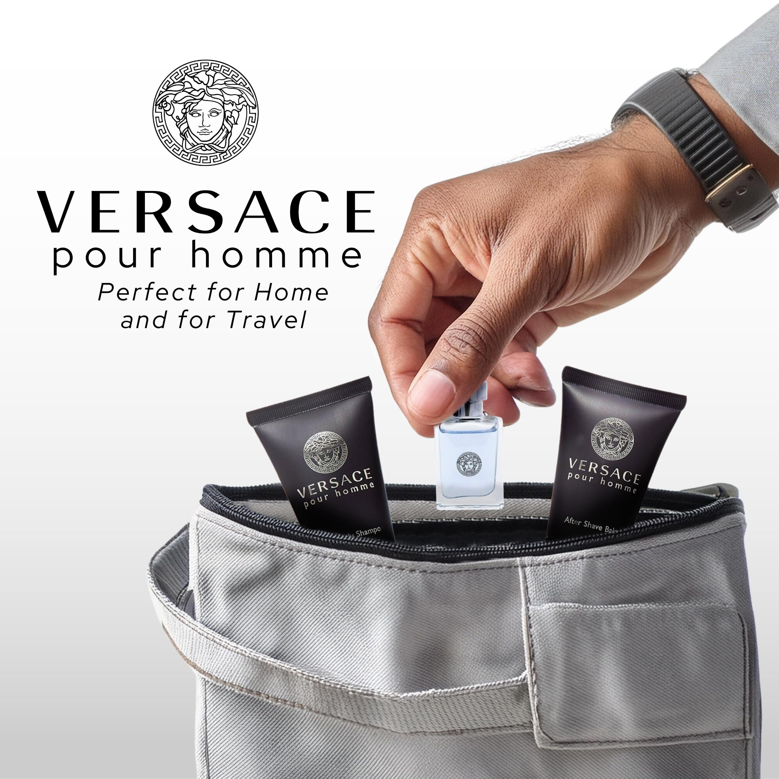 Versace Pour Homme after shave balm tube and hair and body shampoo travel sizes side by side