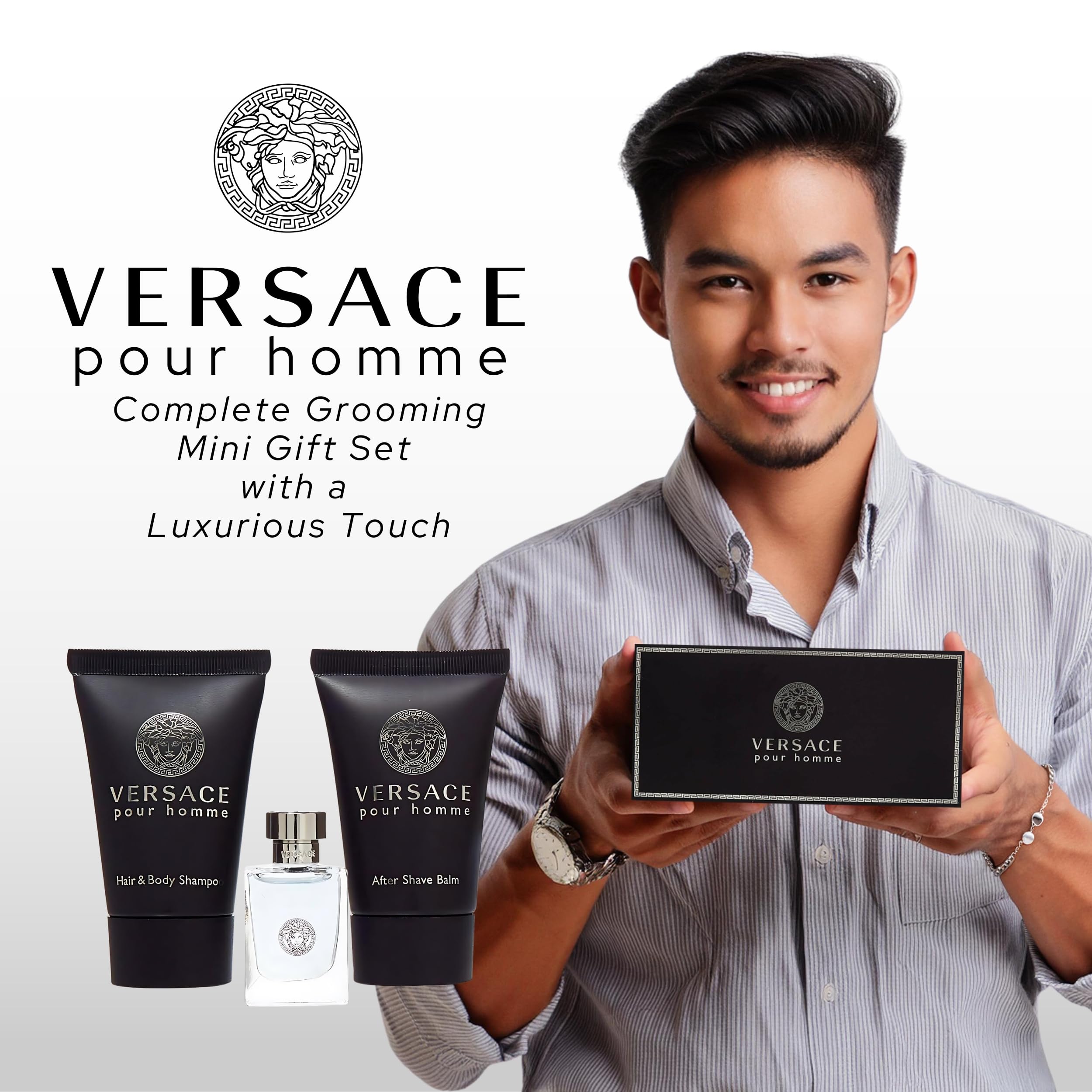 Close up of the back label detailing ingredients of the Versace three piece men fragrance kit