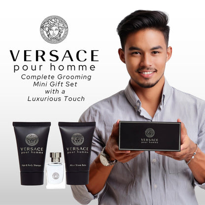 Close up of the back label detailing ingredients of the Versace three piece men fragrance kit