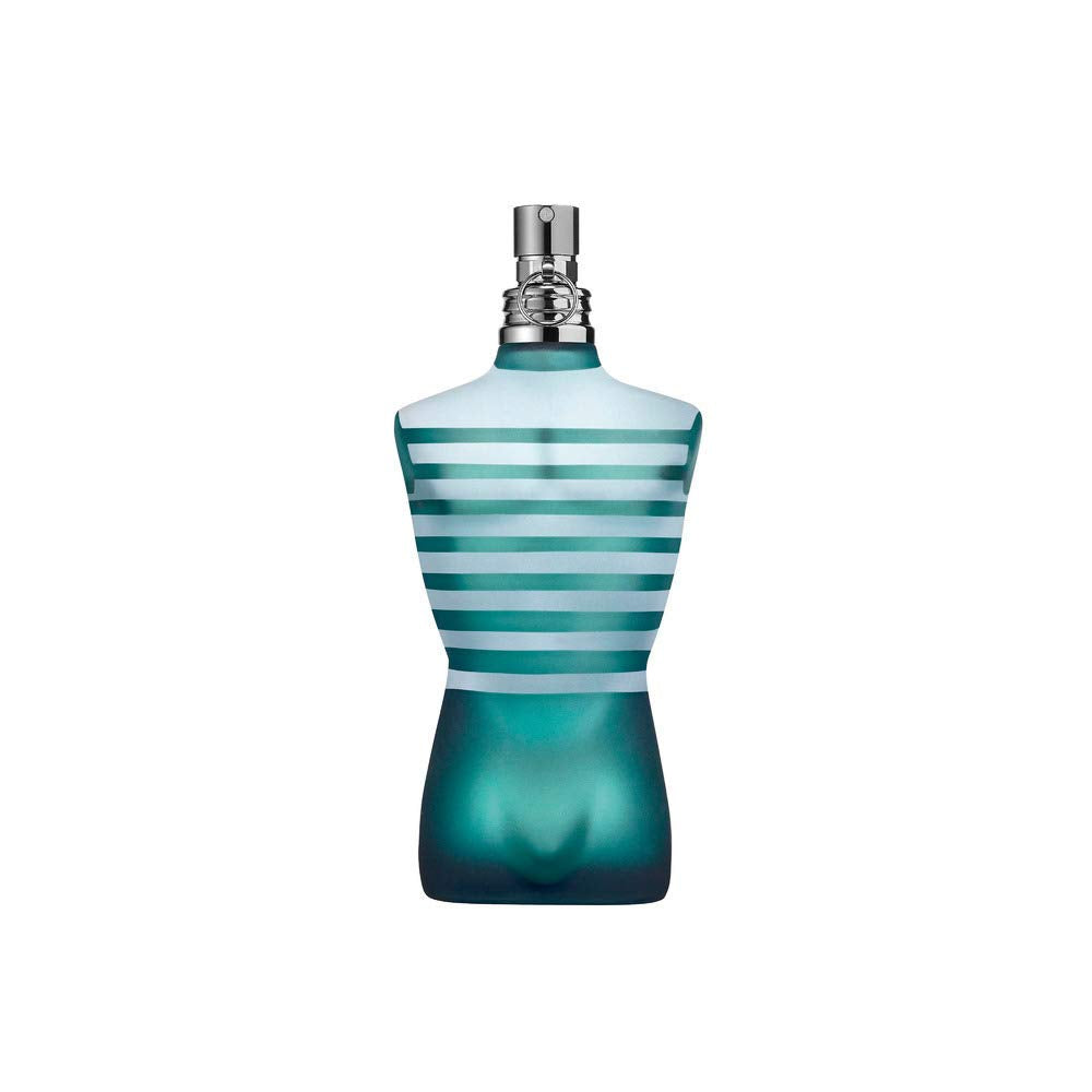 Authentic Jean Paul Gaultier Le Male men's fragrance standing next to its signature metal canister packaging.