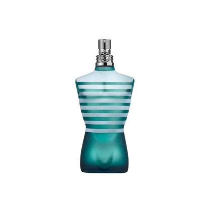 Authentic Jean Paul Gaultier Le Male men's fragrance standing next to its signature metal canister packaging.