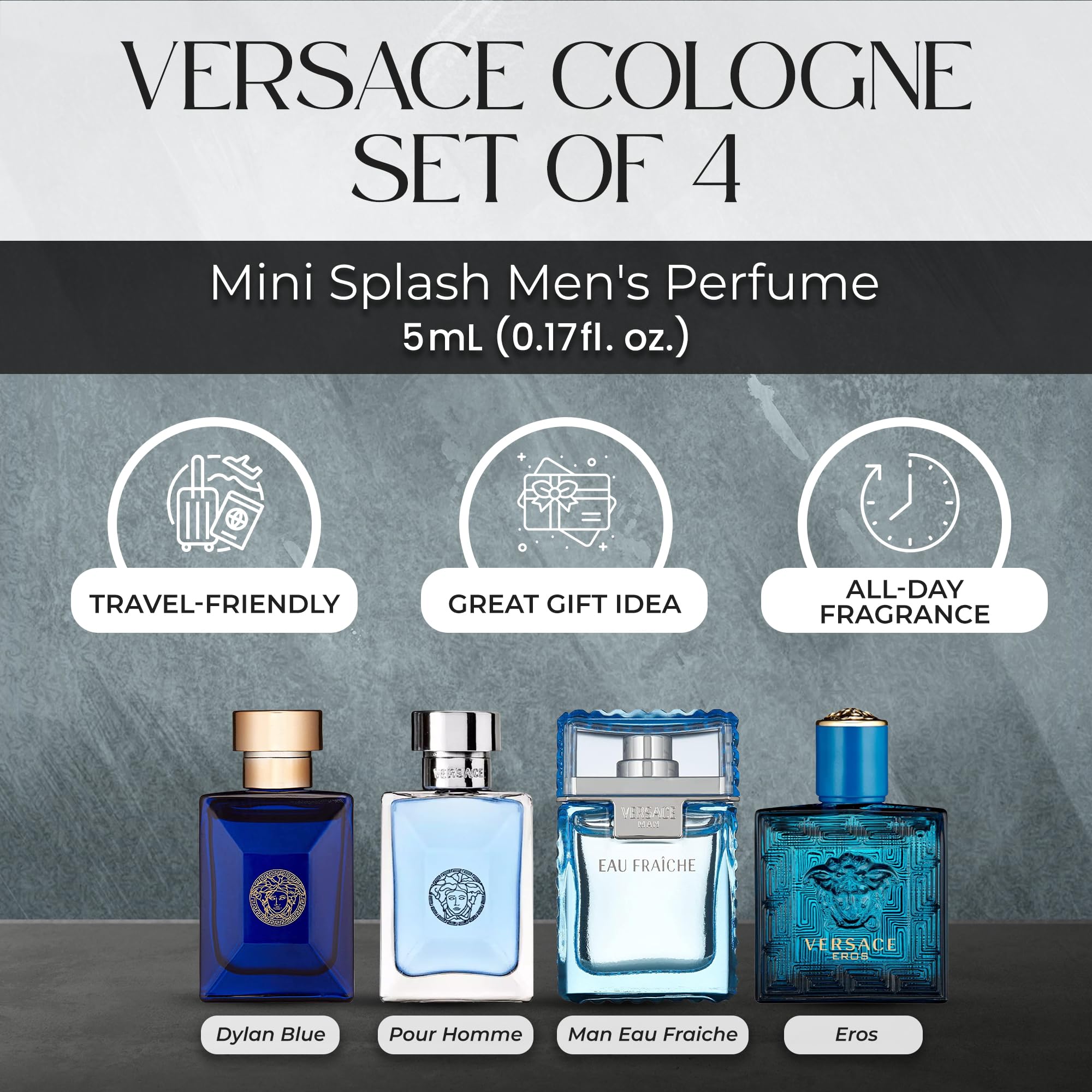 Close up view of the individual Eros and Dylan Blue mini splash bottles from the fragrance collection.