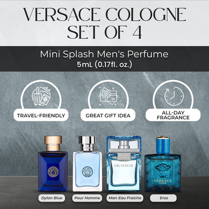 Close up view of the individual Eros and Dylan Blue mini splash bottles from the fragrance collection.