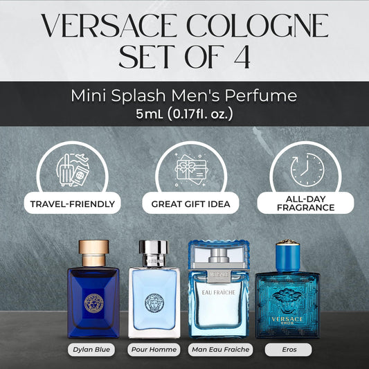 Close up view of the individual Eros and Dylan Blue mini splash bottles from the fragrance collection.