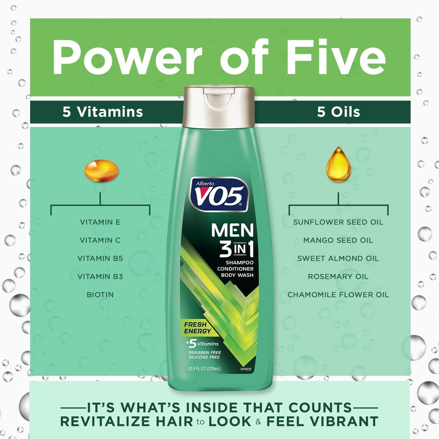 Side profile of Alberto VO5 Fresh Energy 3-in-1 bottle