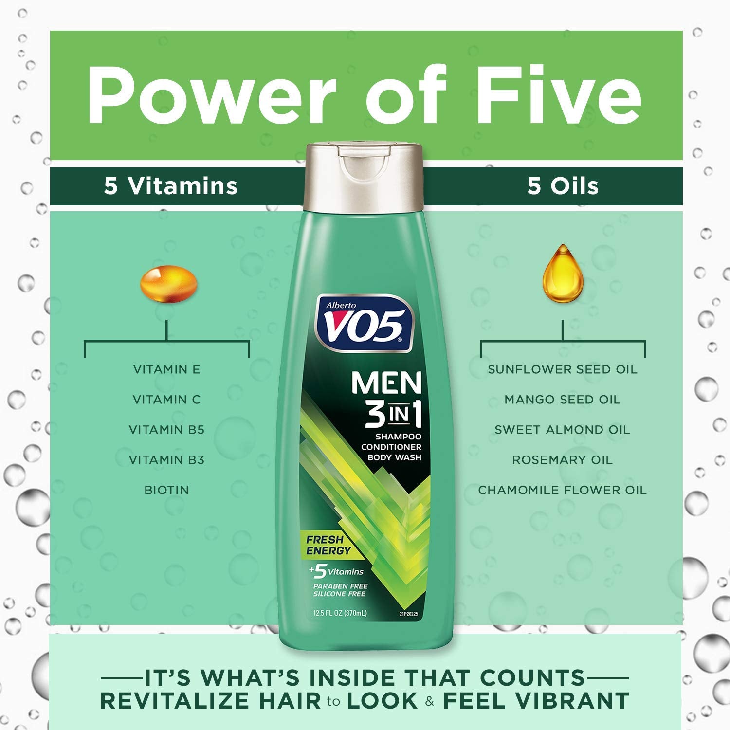Side profile of Alberto VO5 Fresh Energy 3-in-1 bottle