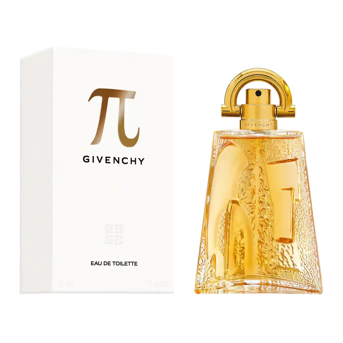 Authentic Givenchy Pi Eau De Toilette luxury men fragrance bottle illustrating the amber colored liquid and unique sculptural cap.