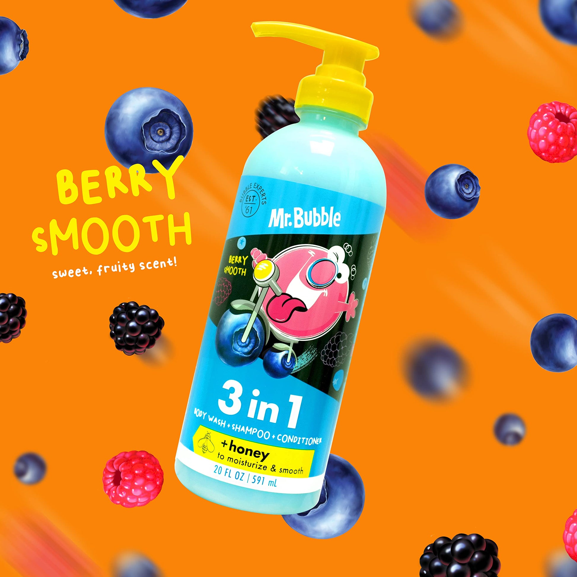 Side angle view of the twenty fluid ounce Mr. Bubble berry shampoo and body wash bottle.