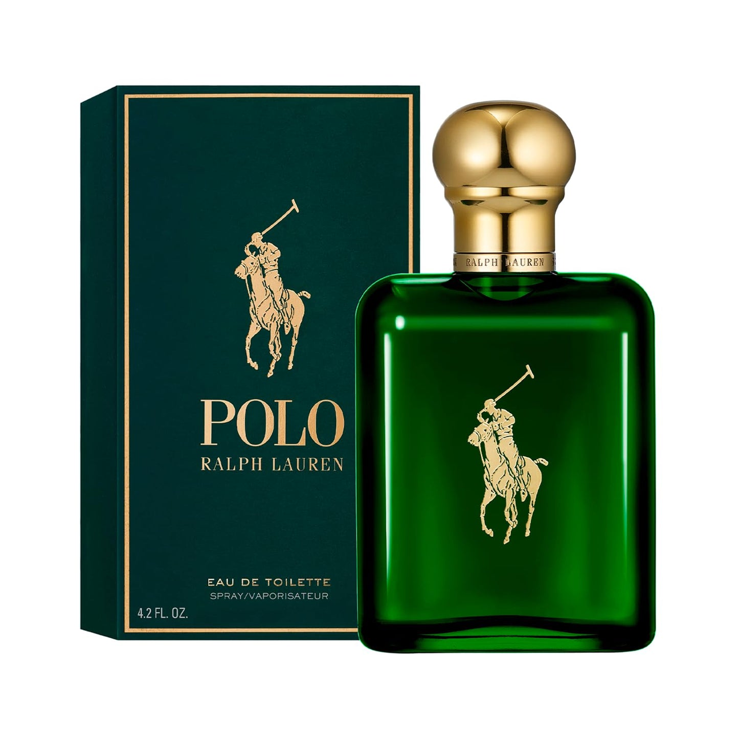 Ralph Lauren Polo classic green glass cologne bottle showcasing the rich woody and spicy fragrance color.