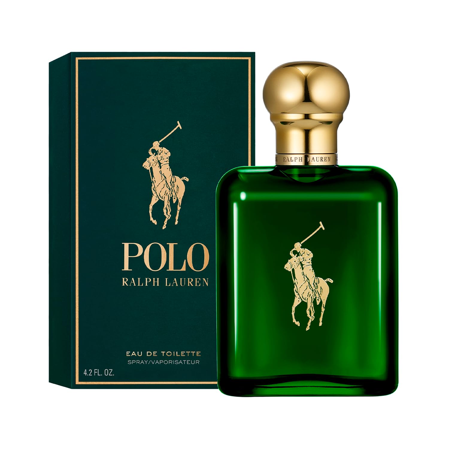 Ralph Lauren Polo classic green glass cologne bottle showcasing the rich woody and spicy fragrance color.