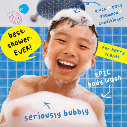 Back label of Mr. Bubble Berry Smooth 3-in-1 showcasing paraben-free and phthalate-free safety assurances.