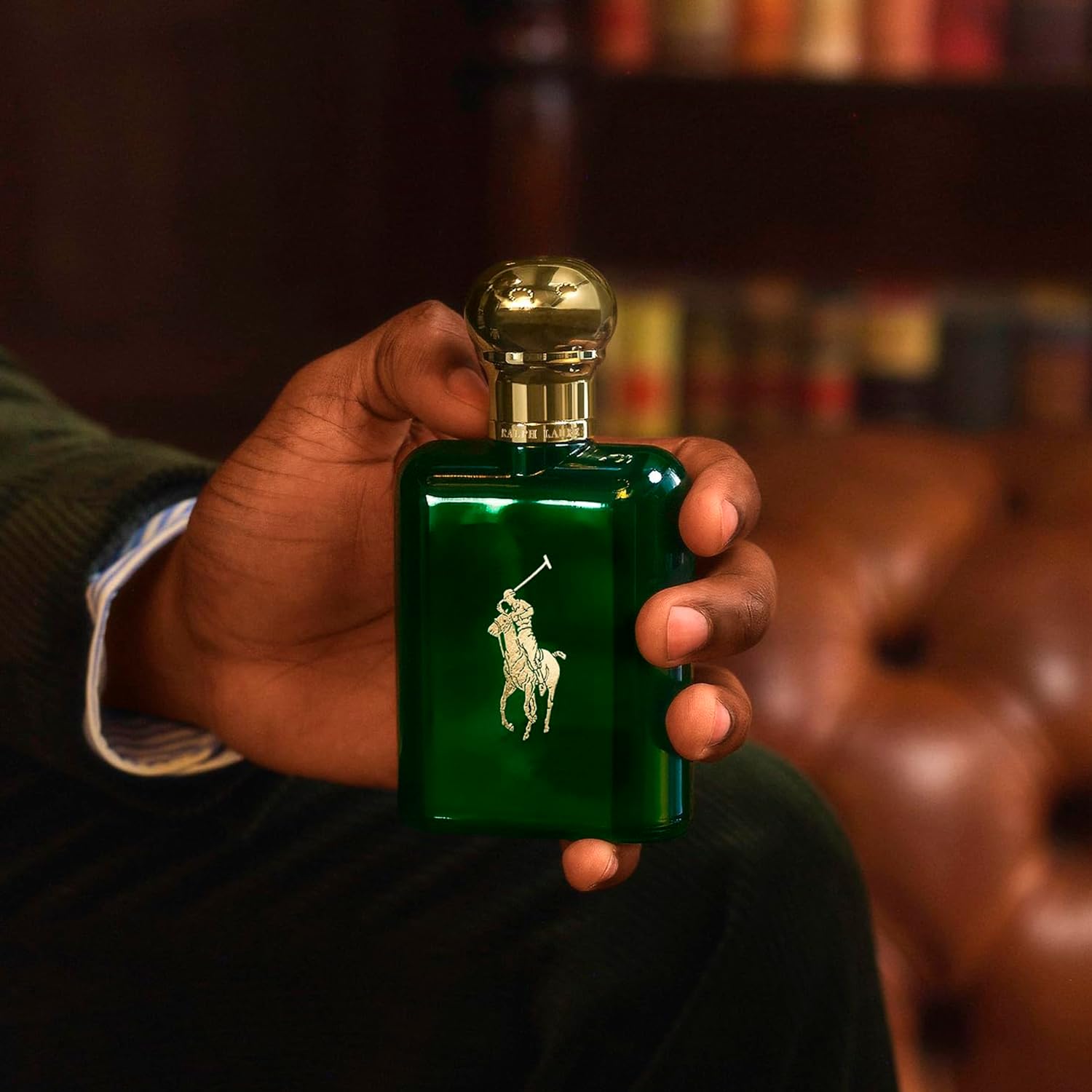 Authentic USA imported Ralph Lauren Polo Green men's cologne standing upright showing the gold spray atomizer.