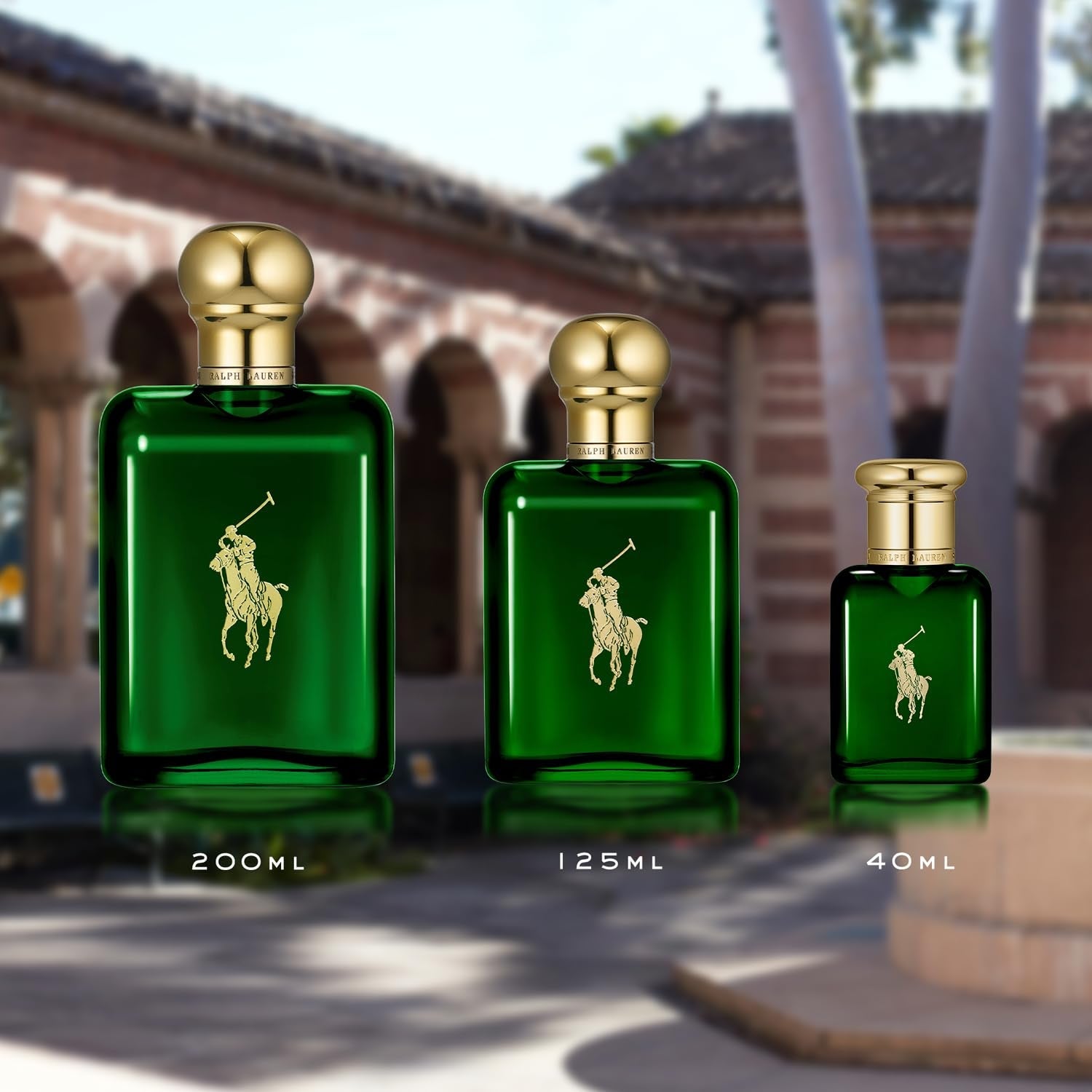 Close-up view of the debossed gold cap on the iconic Ralph Lauren Polo Eau de Toilette glass bottle.