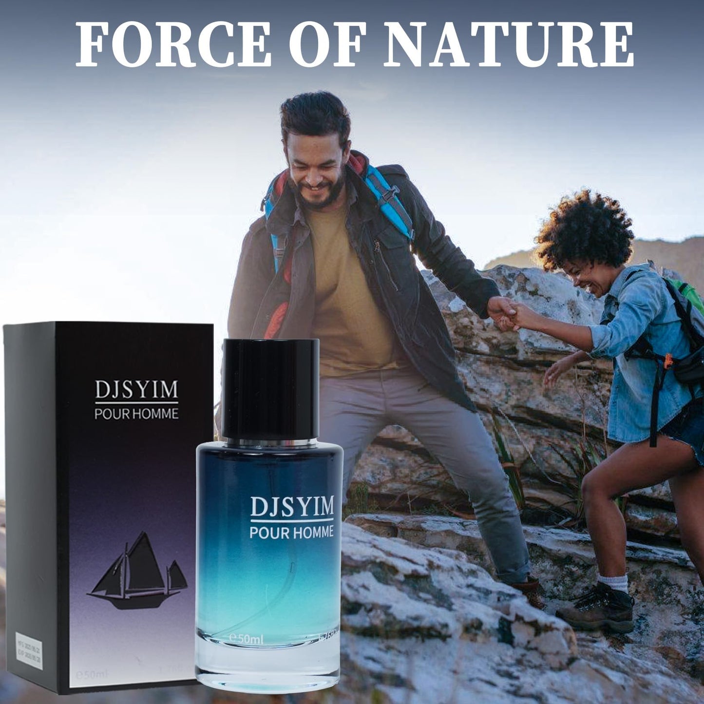 DJSYIM travel size 1.7 Ounce men's perfume spray being placed inside a travel bag.