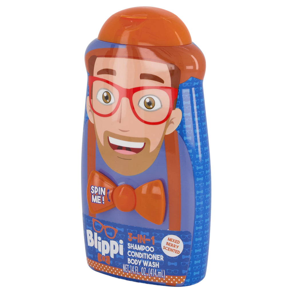 Side profile of Blippi character shaped bath product bottle