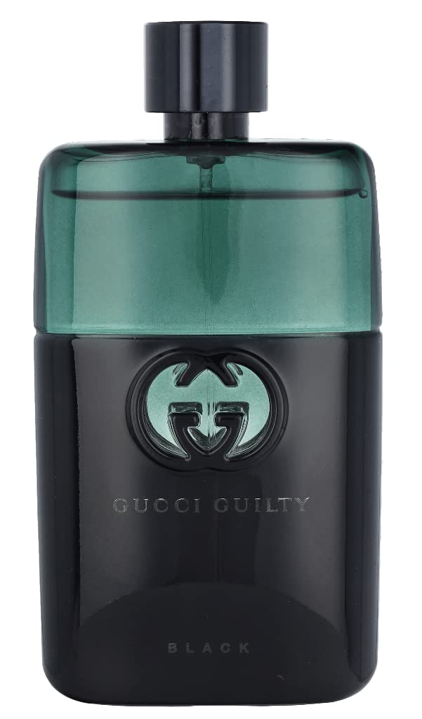 Side angle of the three ounce Gucci Guilty Black Pour Homme men's perfume bottle highlighting the green and black glass design.