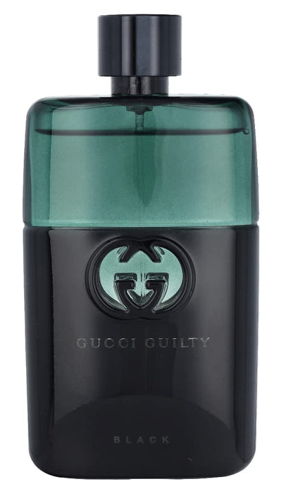 Side angle of the three ounce Gucci Guilty Black Pour Homme men's perfume bottle highlighting the green and black glass design.