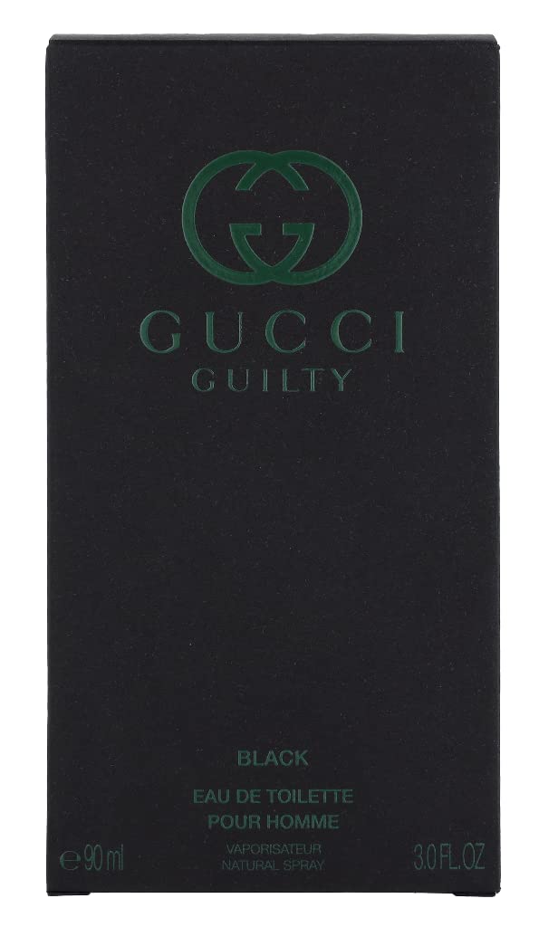 Gucci Guilty Black Eau de Toilette retail packaging box next to the glass spray bottle.