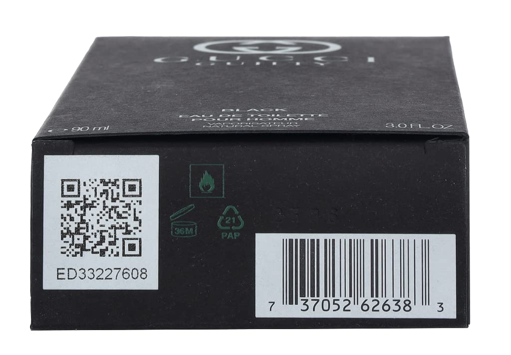 Back view of the Gucci Guilty Black for men container showing product batch details and manufacturing information.