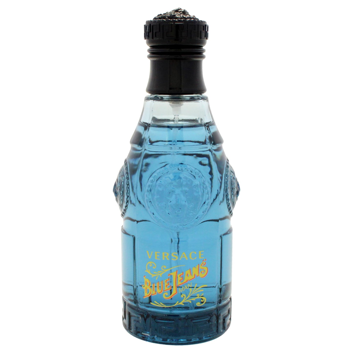 Versace Blue Jeans Men perfume bottle standing next to its authentic blue metallic designer display container.
