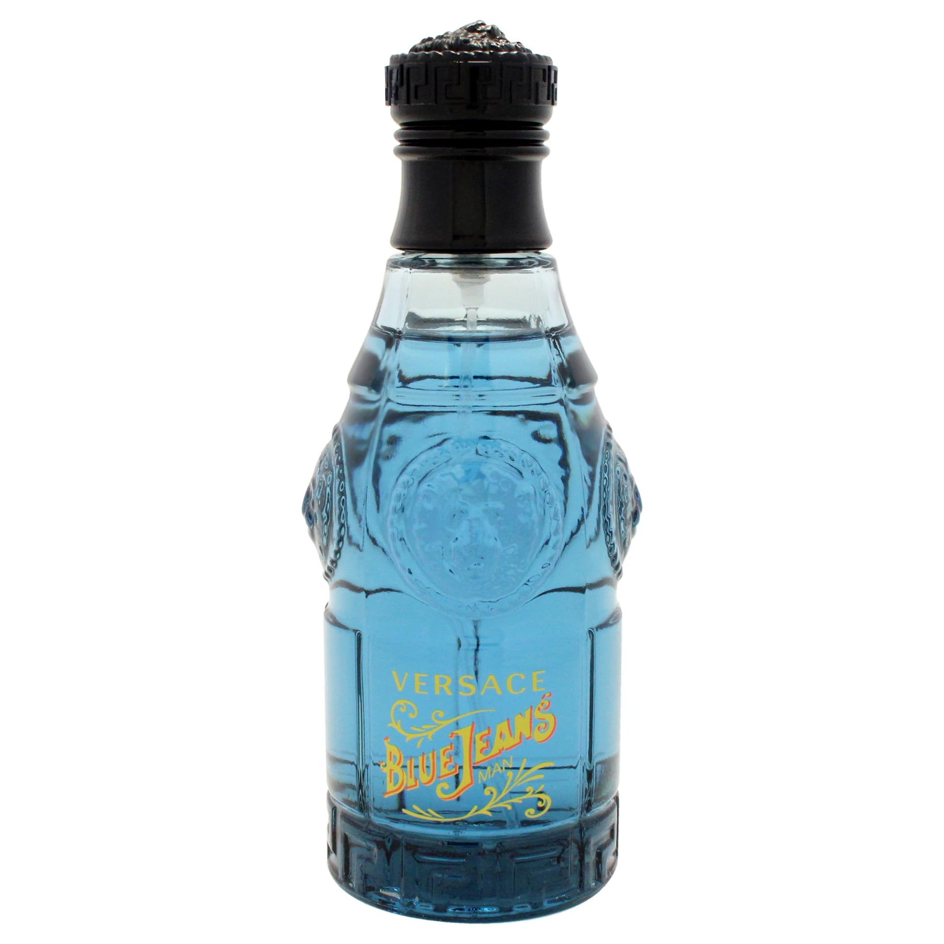 Versace Blue Jeans Men perfume bottle standing next to its authentic blue metallic designer display container.