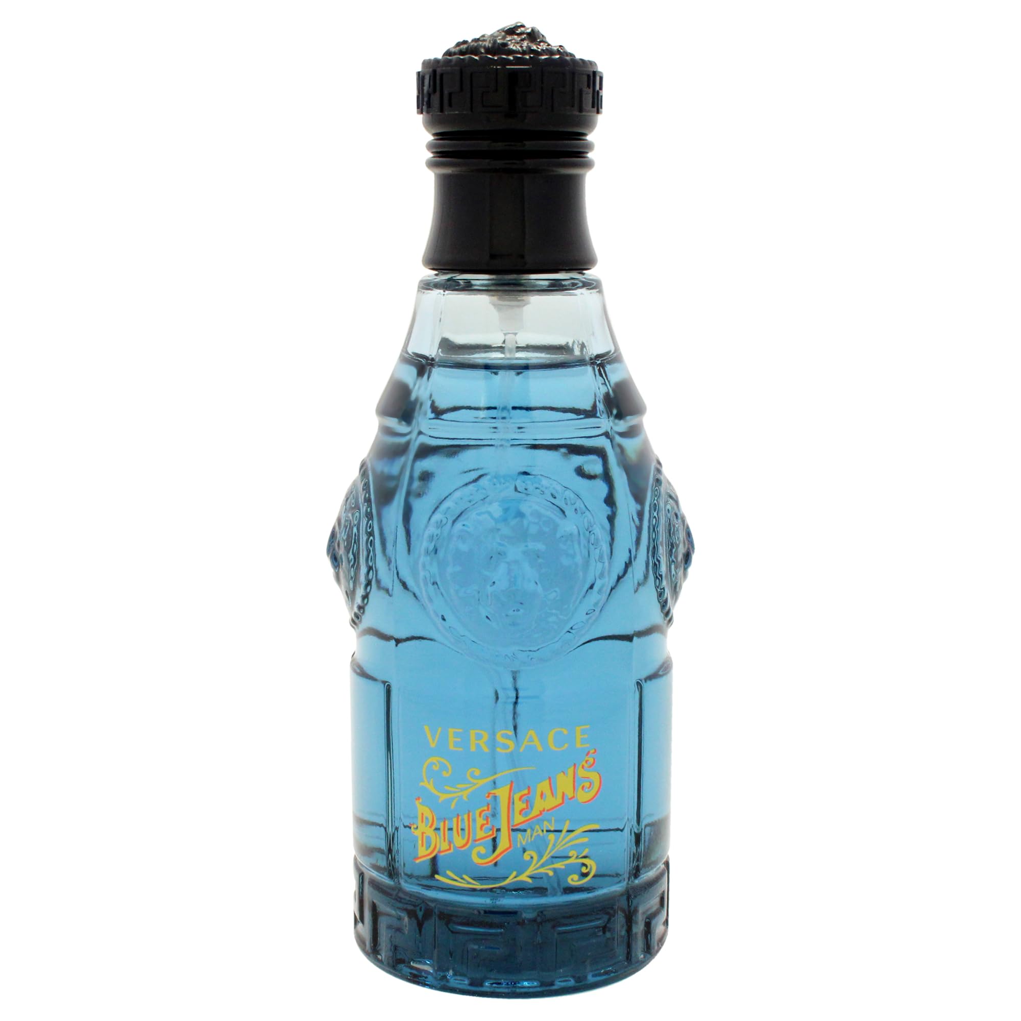 Versace Blue Jeans Men perfume bottle standing next to its authentic blue metallic designer display container.