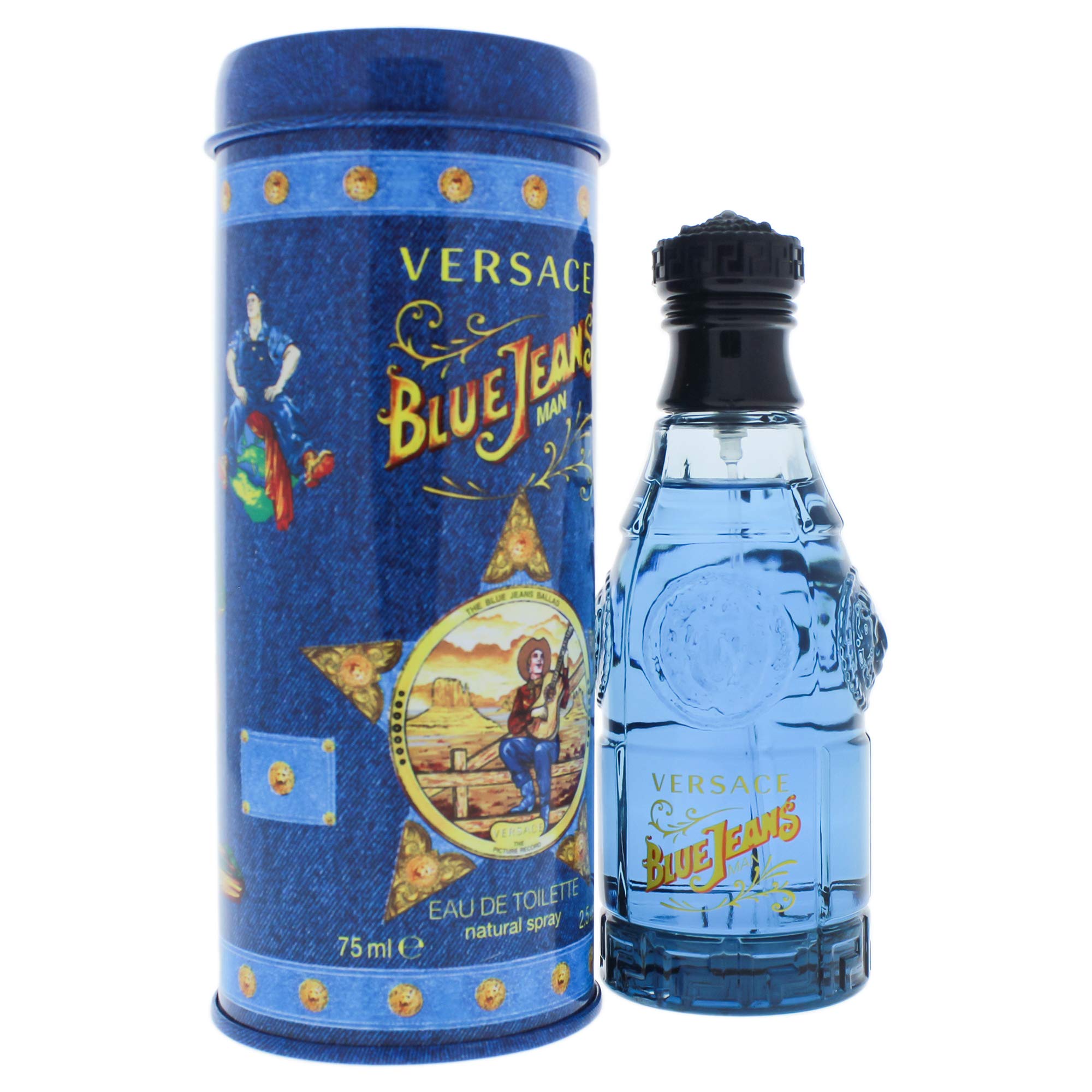Close up view of the unique glass spray mechanism and embossed branding details on the Versace Blue Jeans bottle.