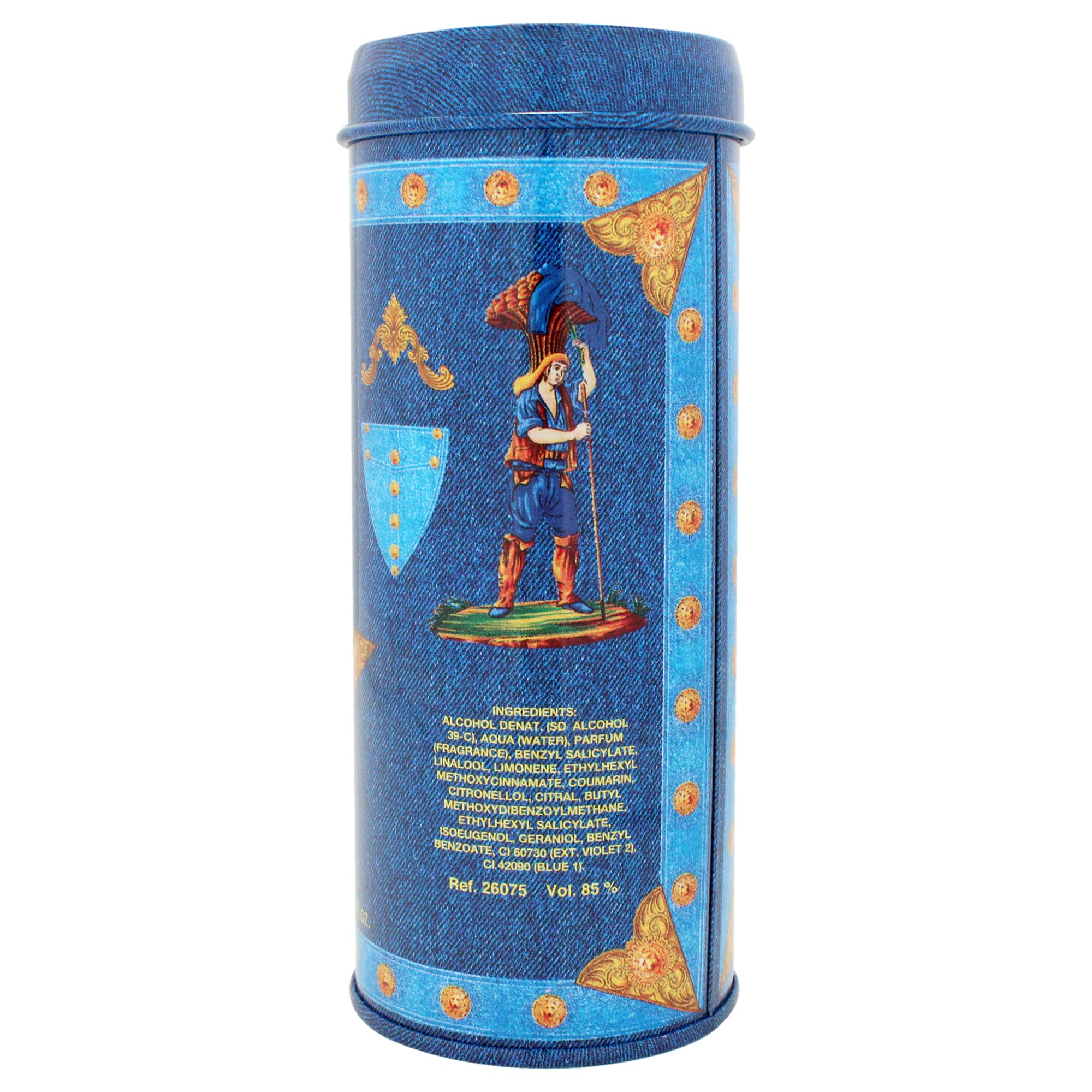 Side profile of the imported 75ml Gianni Versace Blue Jeans Eau De Toilette spray for men.