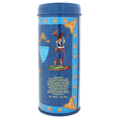 Side profile of the imported 75ml Gianni Versace Blue Jeans Eau De Toilette spray for men.