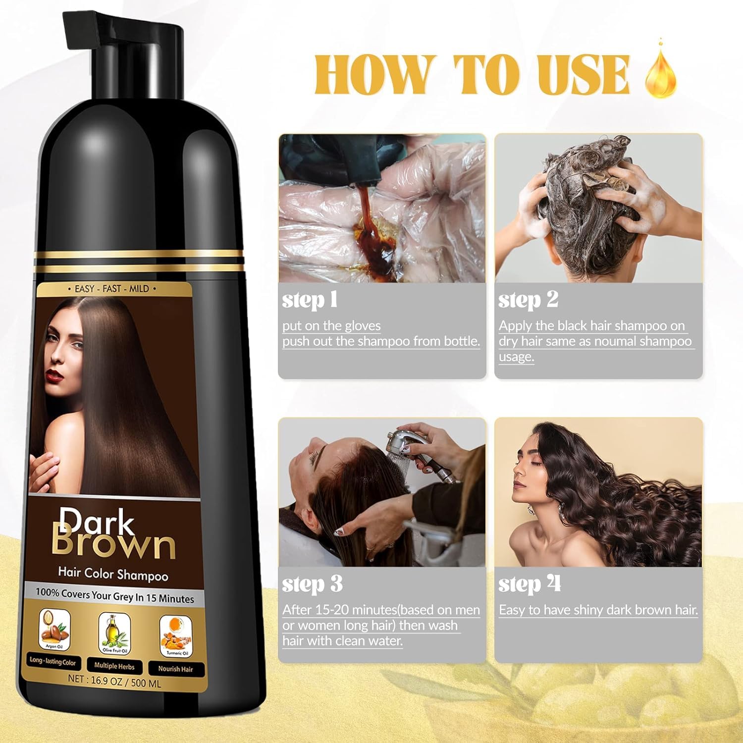 Ammonia free herbal hair darkening formula bottle with key ingredients highlighted