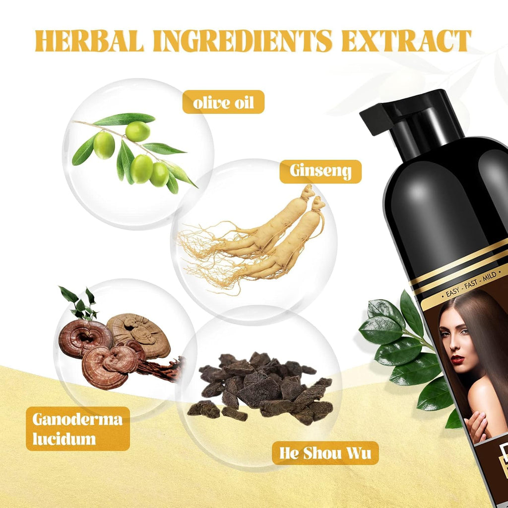 Semi permanent dark brown color shampoo package detailing safe usage directions