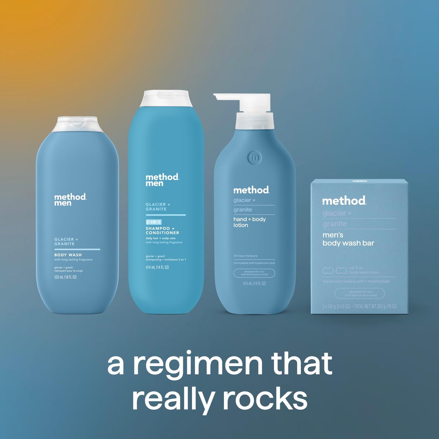 Method Men plant-based personal care set showcasing the recycled plastic bottles