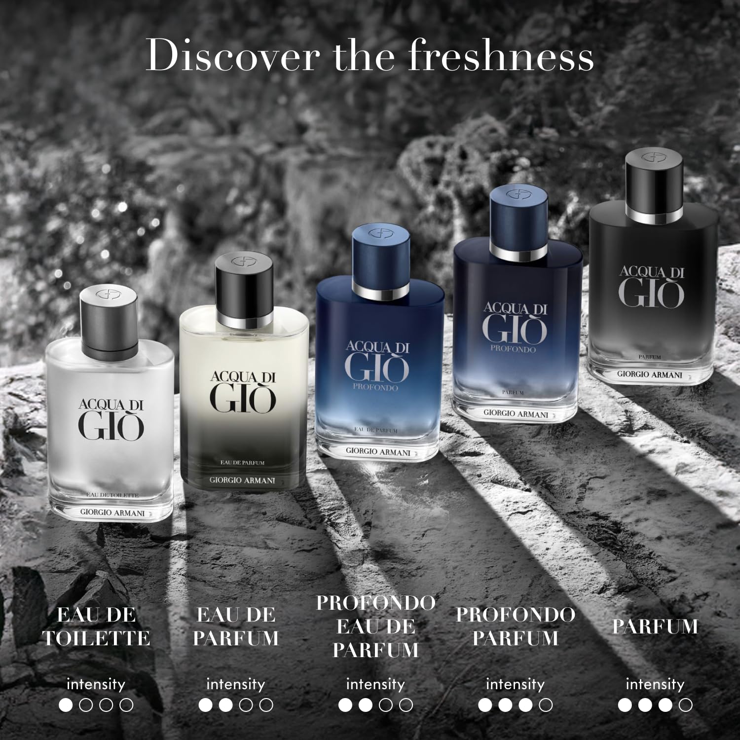 Armani collection for men displaying individual portable glass perfume bottles close up