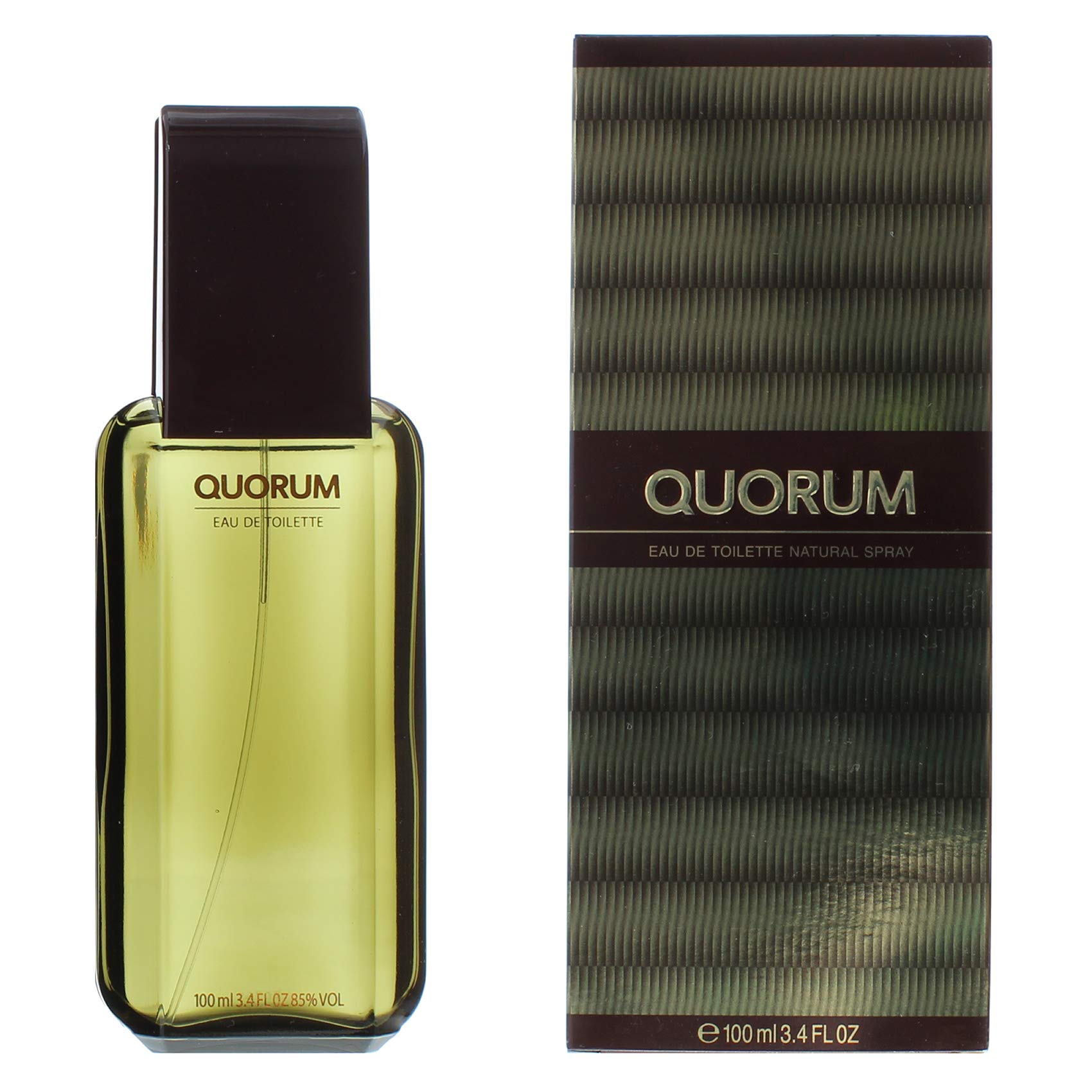 Antonio Puig Quorum aromatic cologne bottle angled view highlighting classic leather and tobacco fragrance formulation