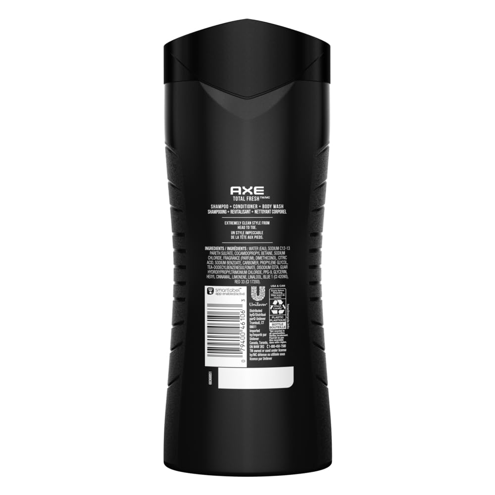 Three bottles of Axe Total Fresh 3 in 1 hair and body cleanser