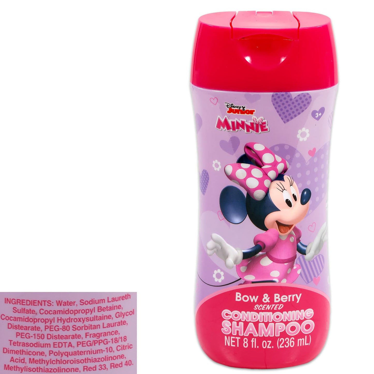 Disney Minnie Mouse kids berry scented bath wash bottle showing age recommendations