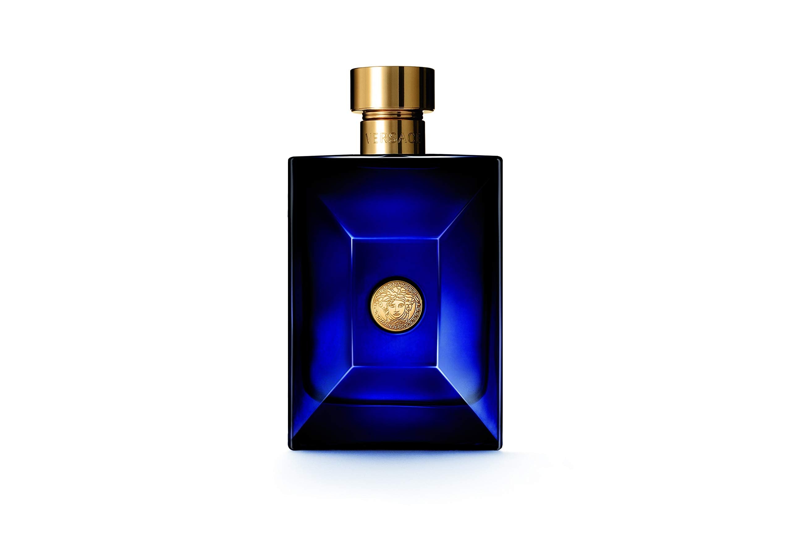 Versace Dylan Blue Eau De Toilette 6.7 Ounce blue bottle with gold medusa medallion packaging