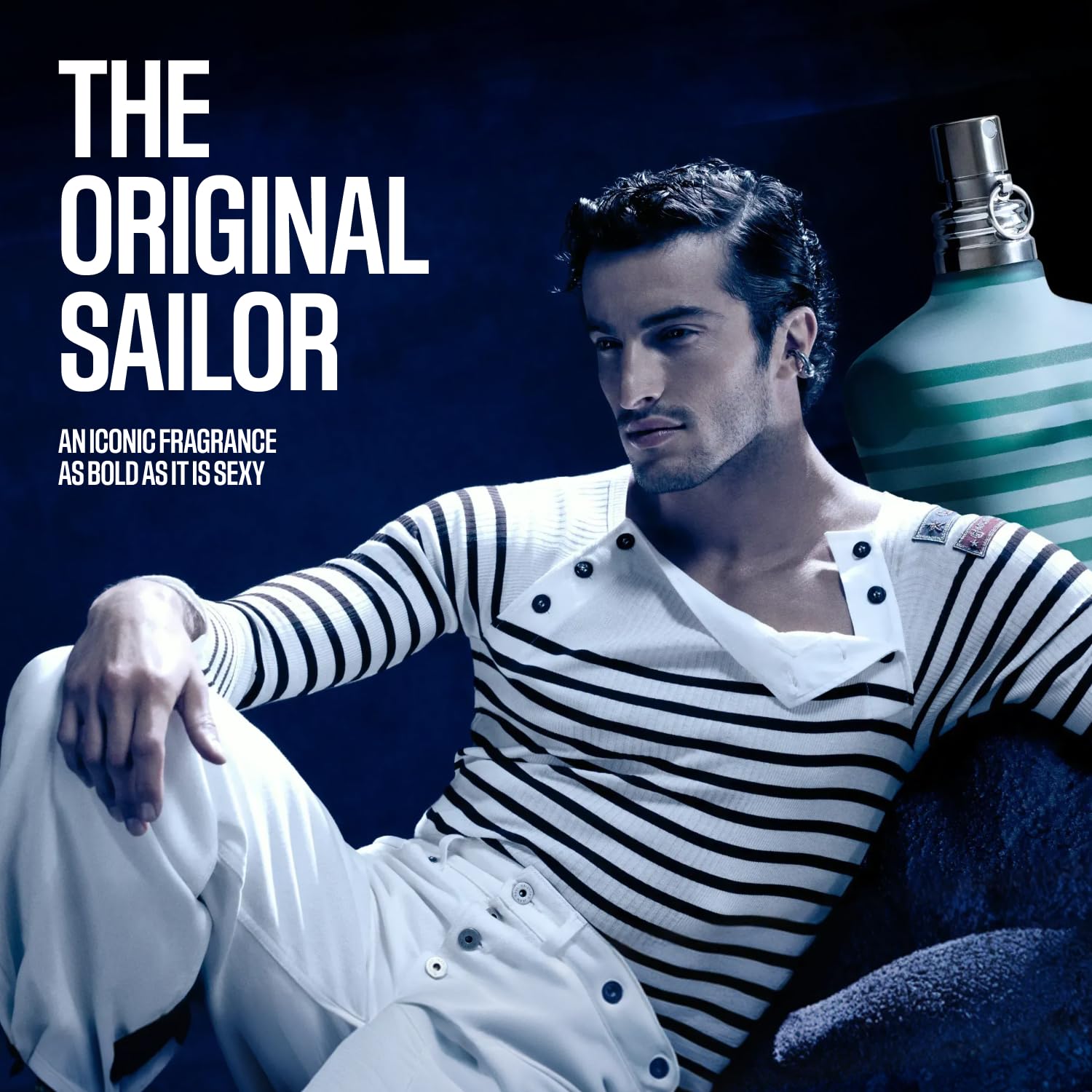 Authentic imported Jean Paul Gaultier Le Male spray bottle showcasing the silver metal atomiser