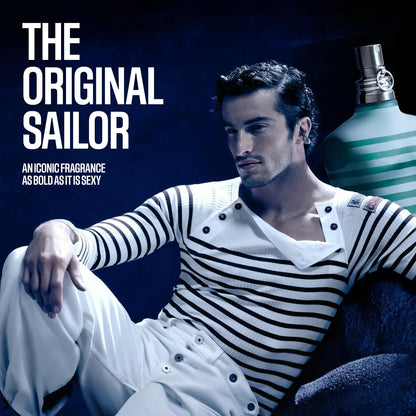Authentic imported Jean Paul Gaultier Le Male spray bottle showcasing the silver metal atomiser
