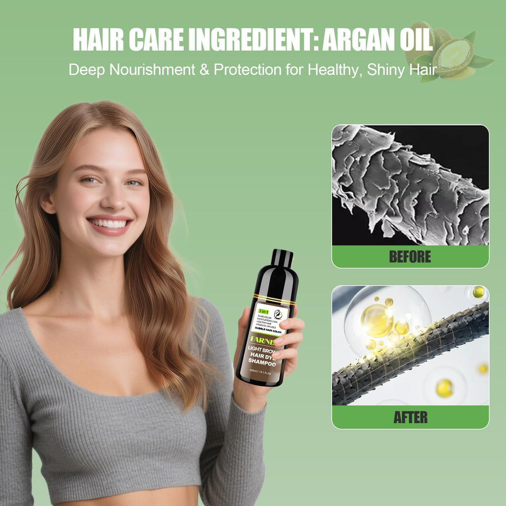 Premium grey hair coverage shampoo container showing light brown color results.