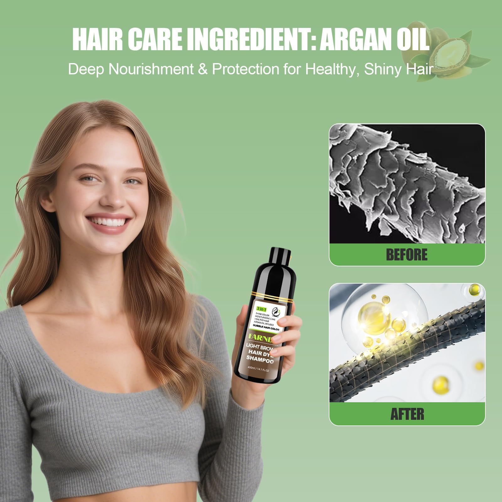 Premium grey hair coverage shampoo container showing light brown color results.