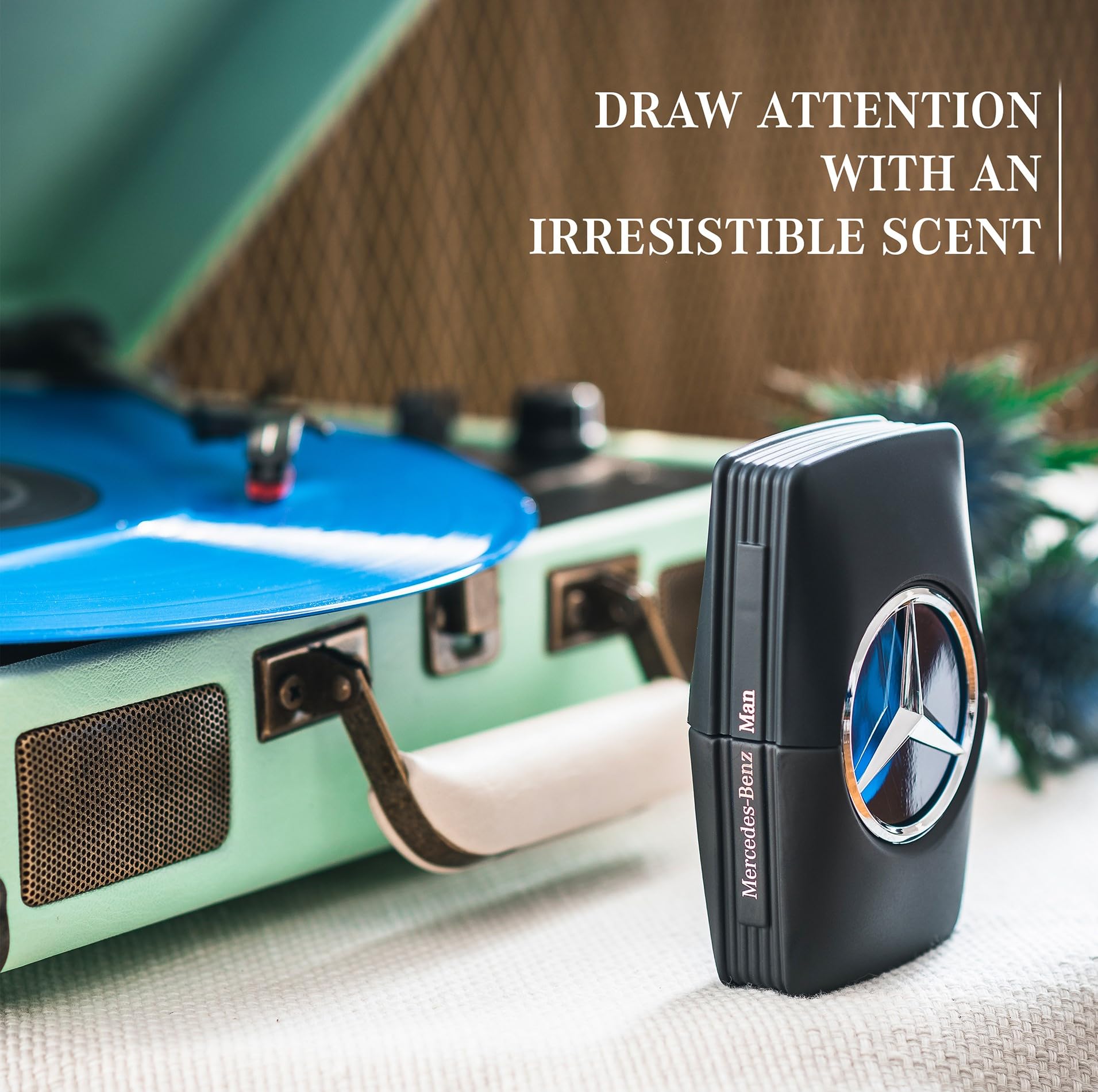 Authentic USA imported Mercedes-Benz luxury grooming fragrance bottle angle shot
