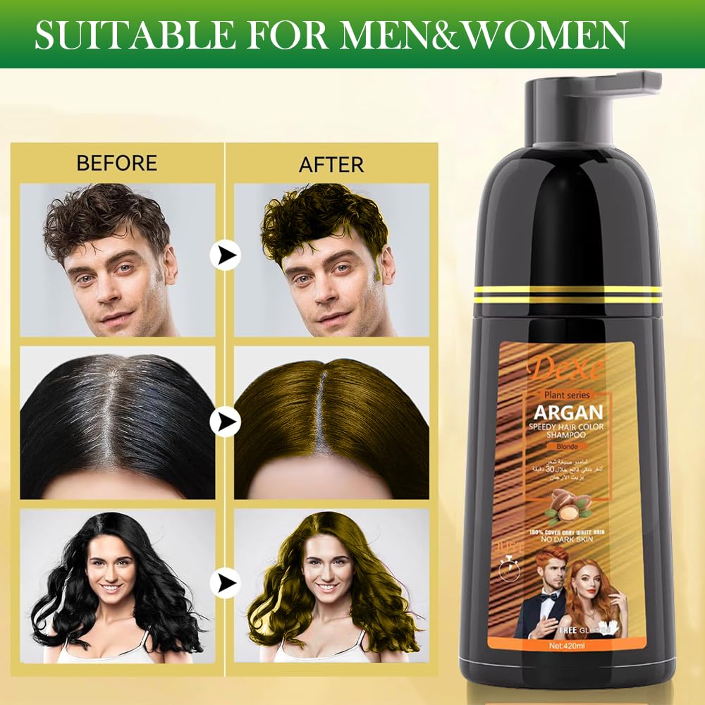 Side view of the 420ml instant blonde shampoo pump dispenser bottle for men and women