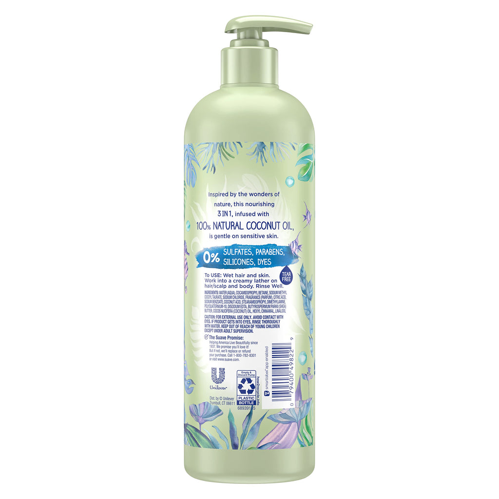 Suave Kids tear free shampoo conditioner and body wash packaging details